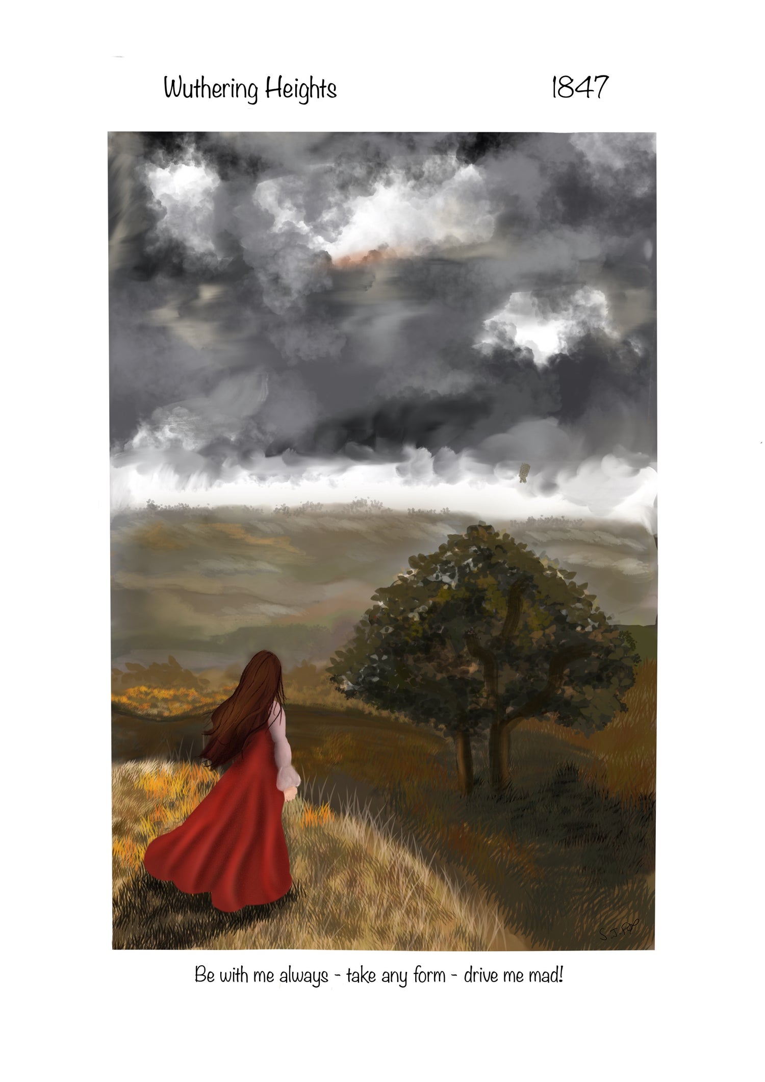 Woman in a red dress walking through a field with a stormy sky, inspired by 'Wuthering Heights' 1847.
